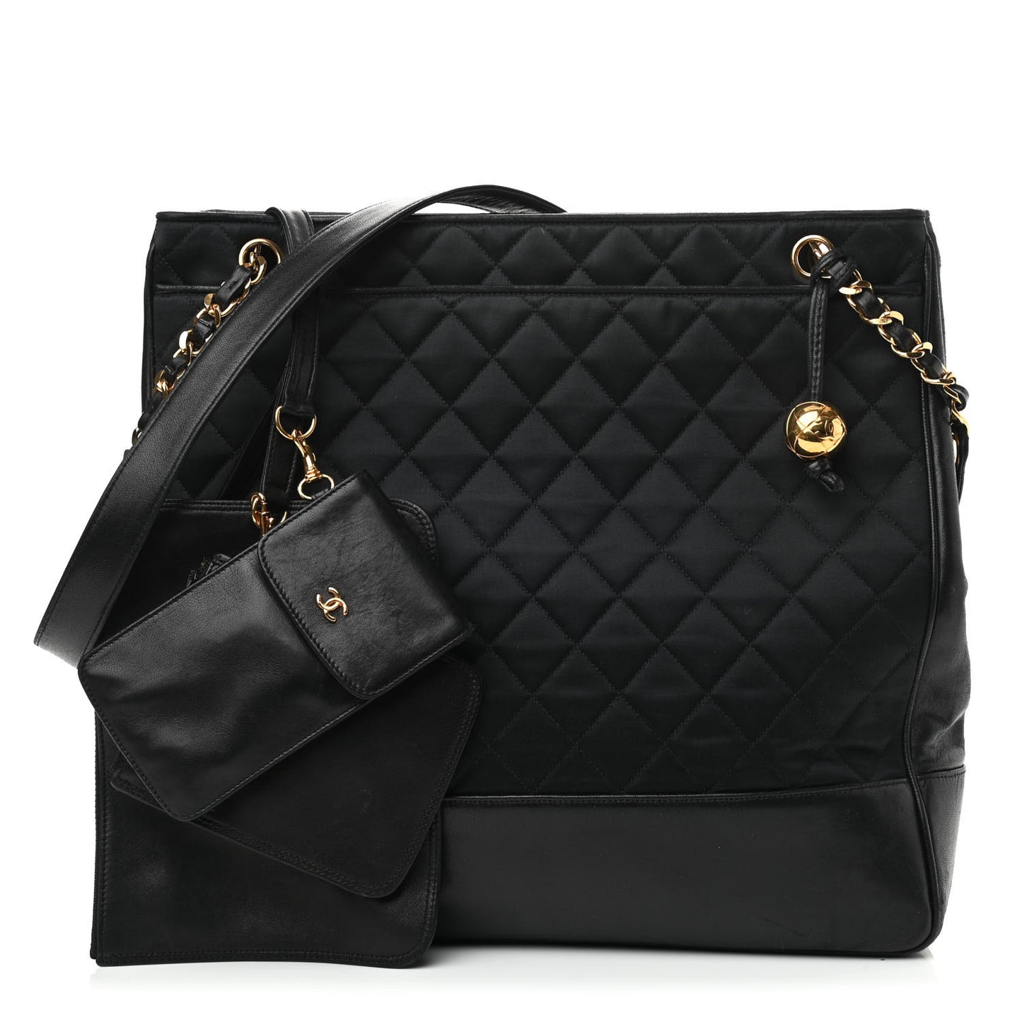 Satin Lambskin Quilted Shopping Tote Black