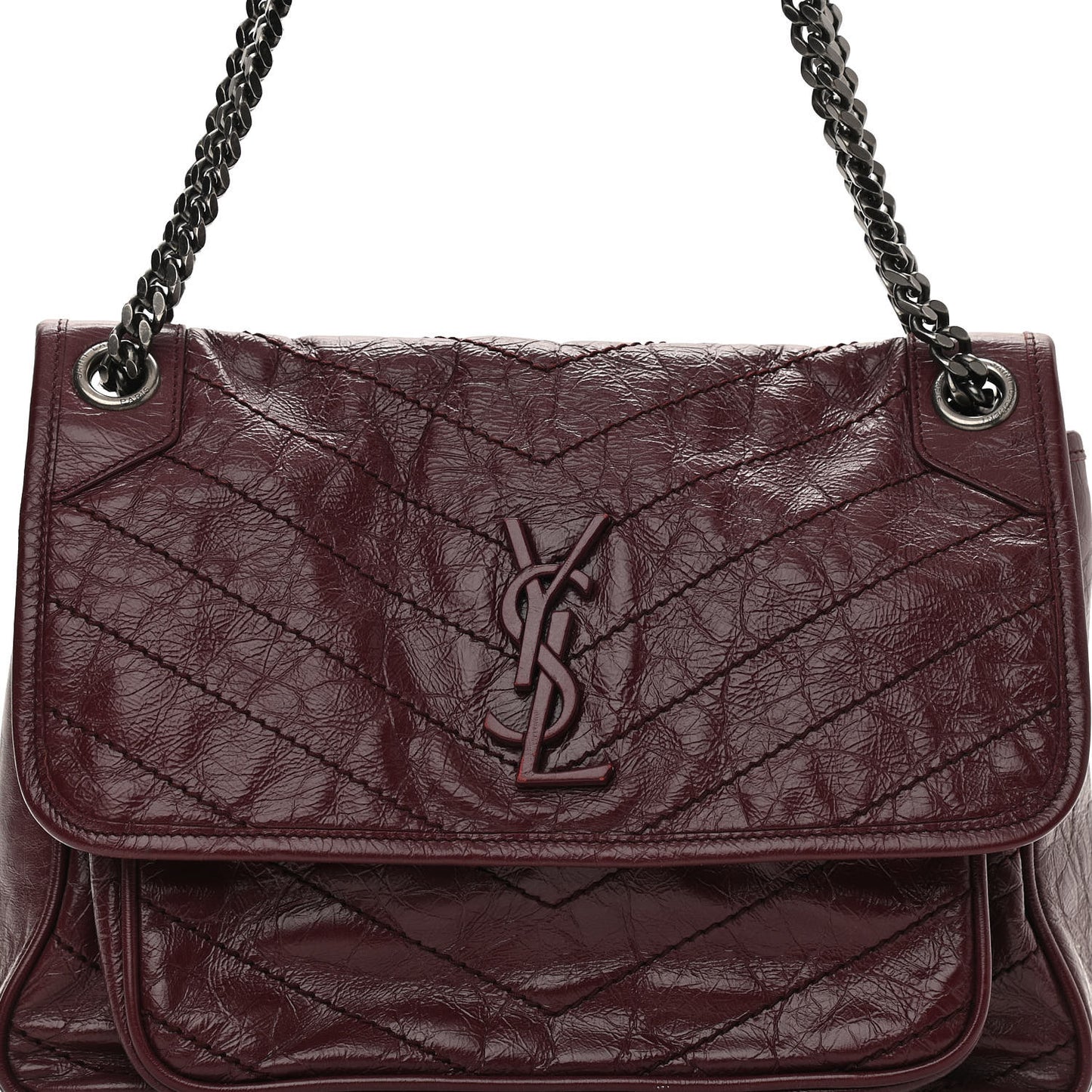 Crinkled Calfskin Matelasse Monogram Medium Niki Chain Satchel Burgundy