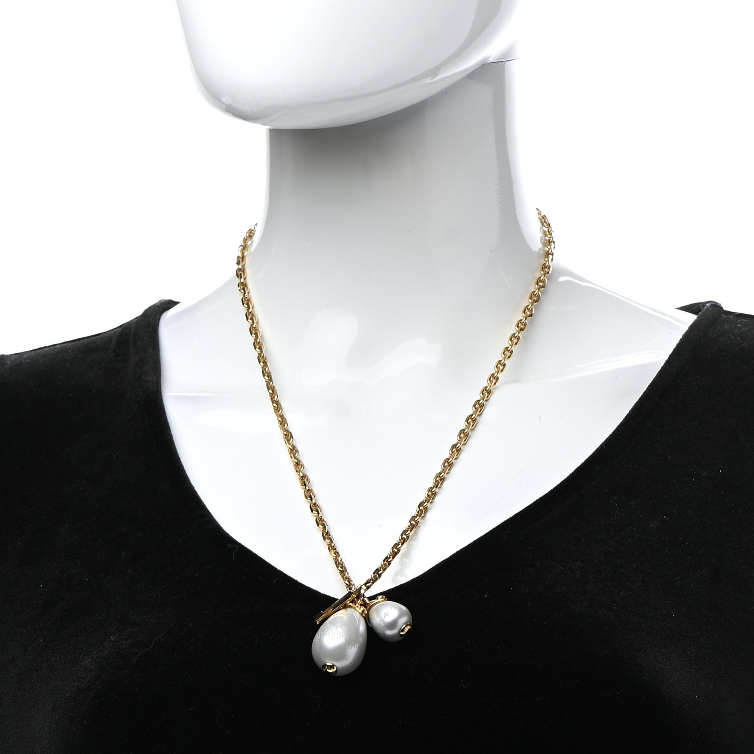 Louis Vuitton Damier Monogram Pearl Pendant Necklace Gold 2 of 6