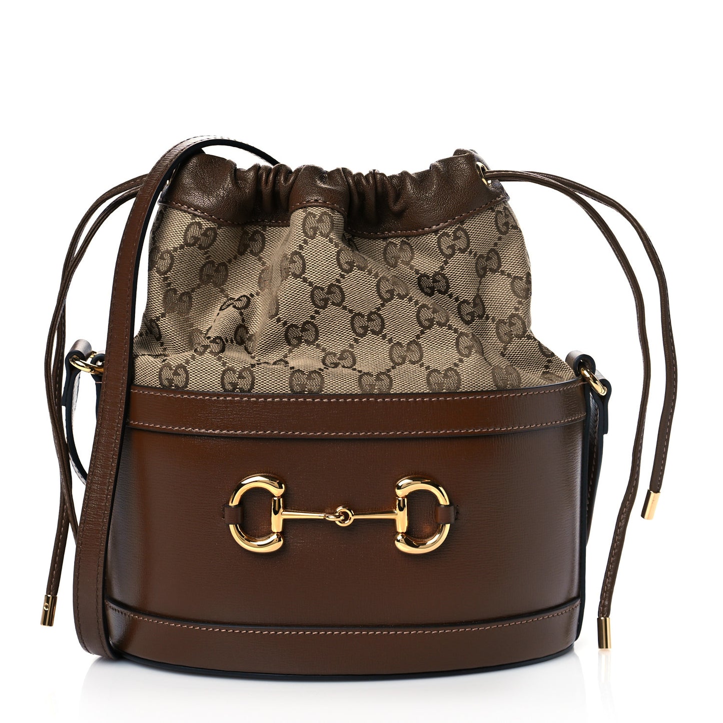 Monogram Textured Calfskin Horsebit 1955 Drawstring Bucket Bag Beige Brown Sugar