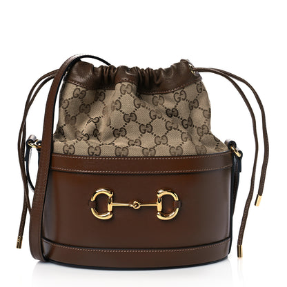 Gucci Monogram Textured Calfskin Horsebit 1955 Drawstring Bucket Bag Beige Brown Sugar 1 of 11