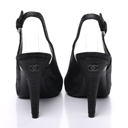 Chanel Shimmer Fabric Peep Toe Slingback Pumps 39 Black 6 of 20