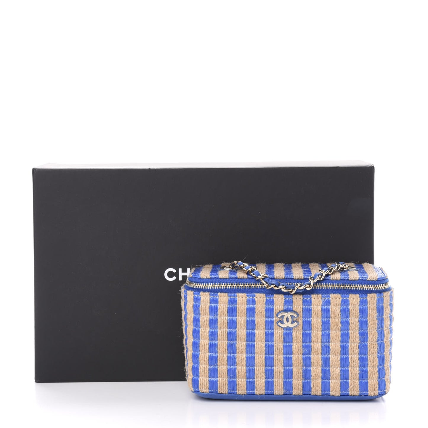 Raffia Jute Striped Small Vanity Case With Chain Blue Beige