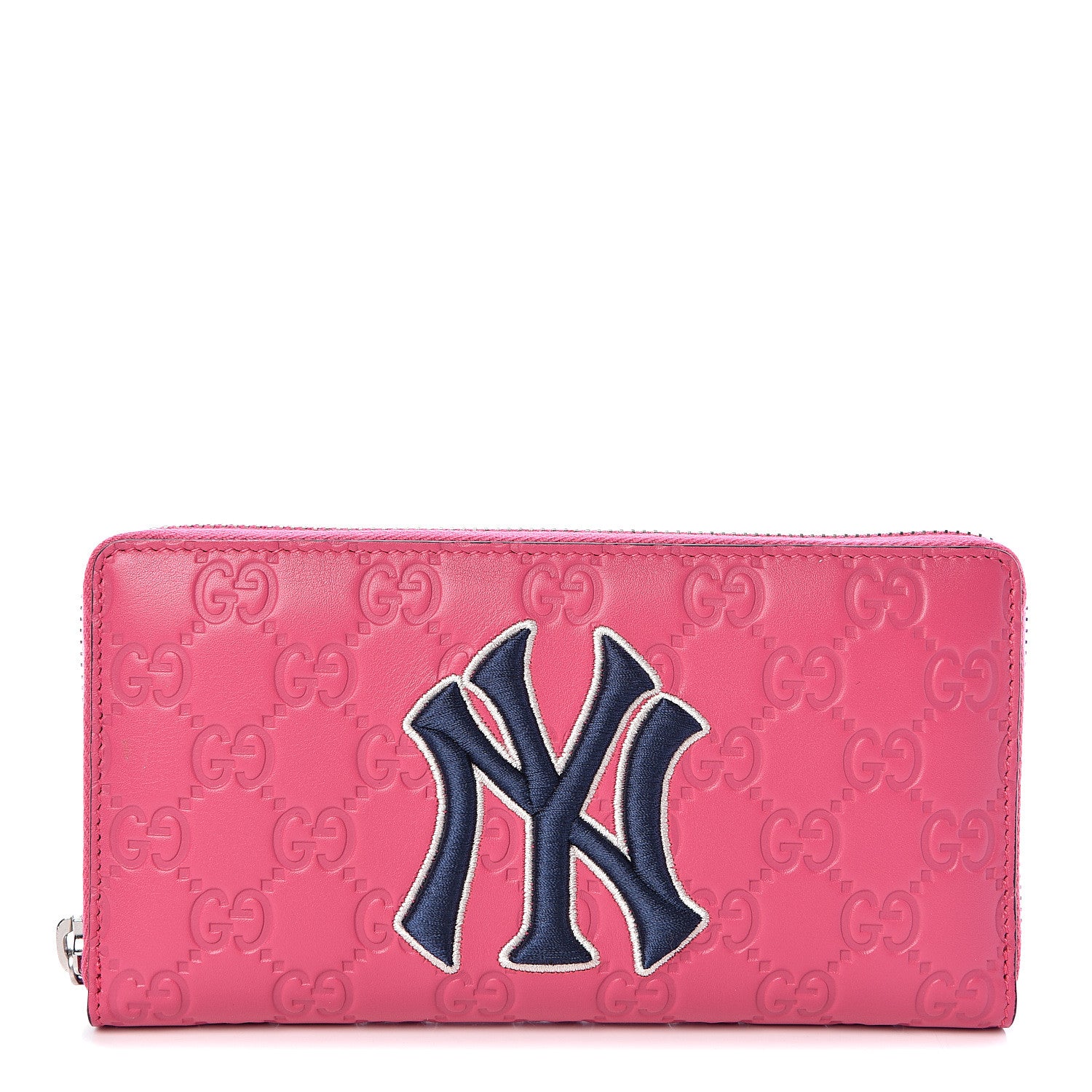 Gucci X MLB Guccissima Signature NY Yankees Embroidered Zip Around Wallet Box Pink Blue Ivory 1 of 8