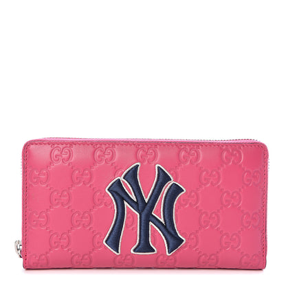 Gucci X MLB Guccissima Signature NY Yankees Embroidered Zip Around Wallet Box Pink Blue Ivory 1 of 8