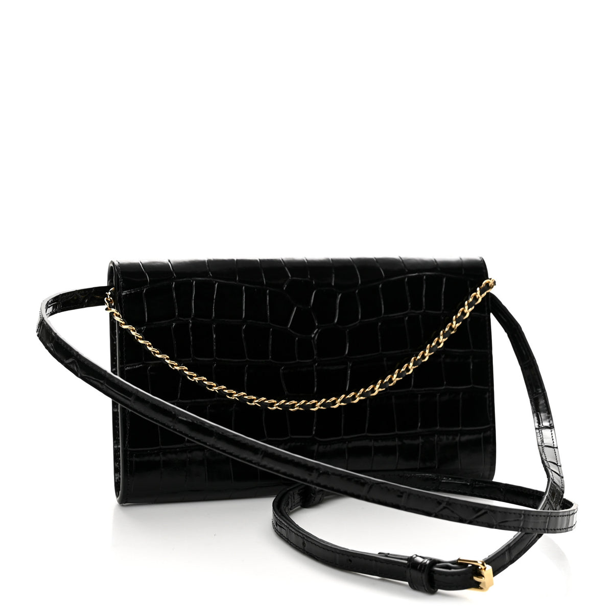 Calfskin Crocodile Embossed Envelope Clutch With Strap Black
