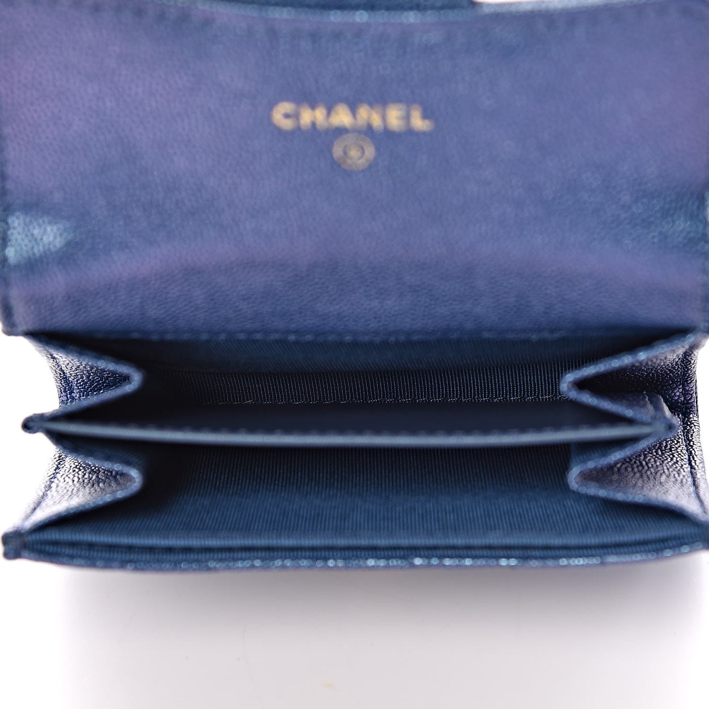 Iridescent Caviar Quilted Flap Card Holder Wallet Dark Blue