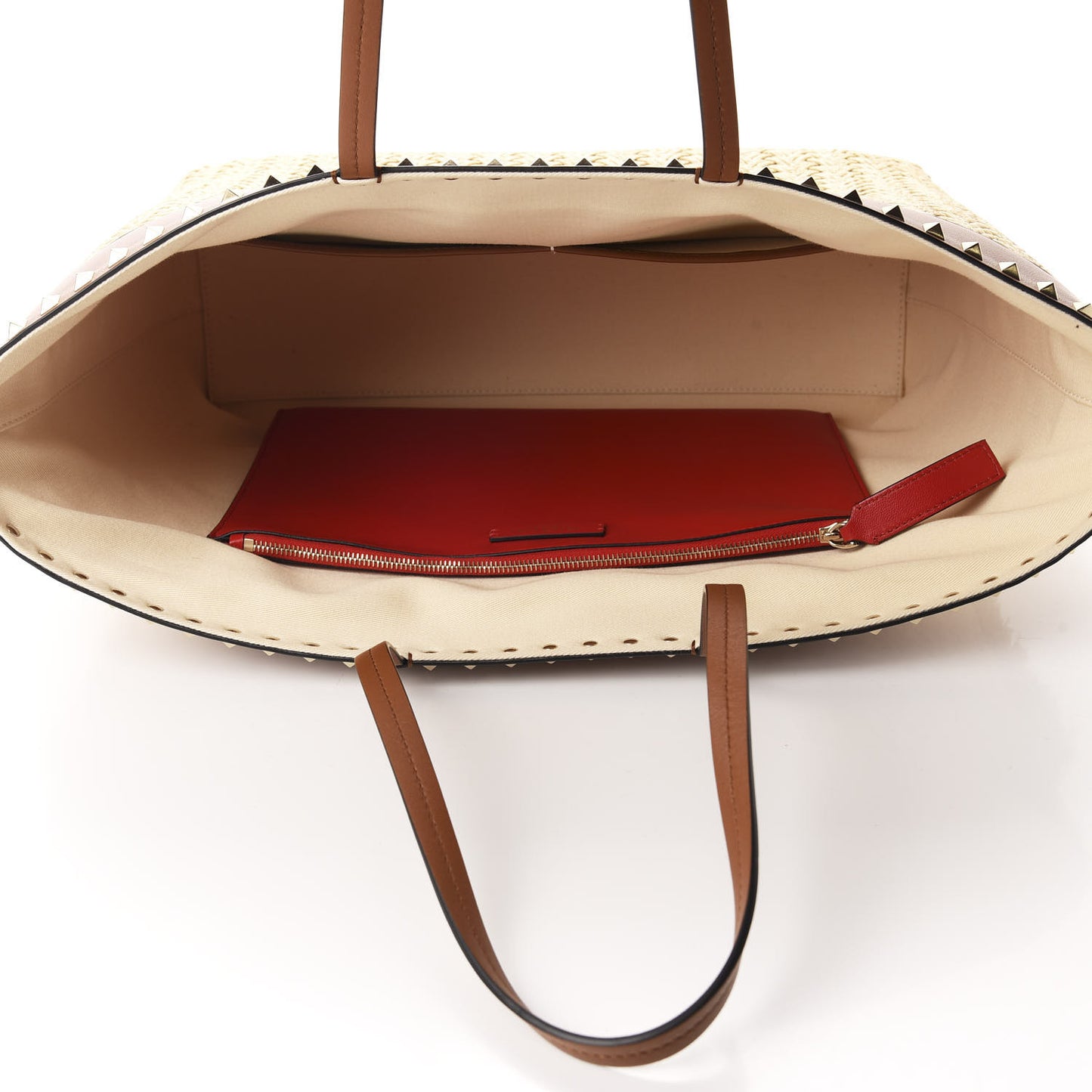 Raffia Calfskin Rockstud Shoulder Tote Naturale Saddle Brown