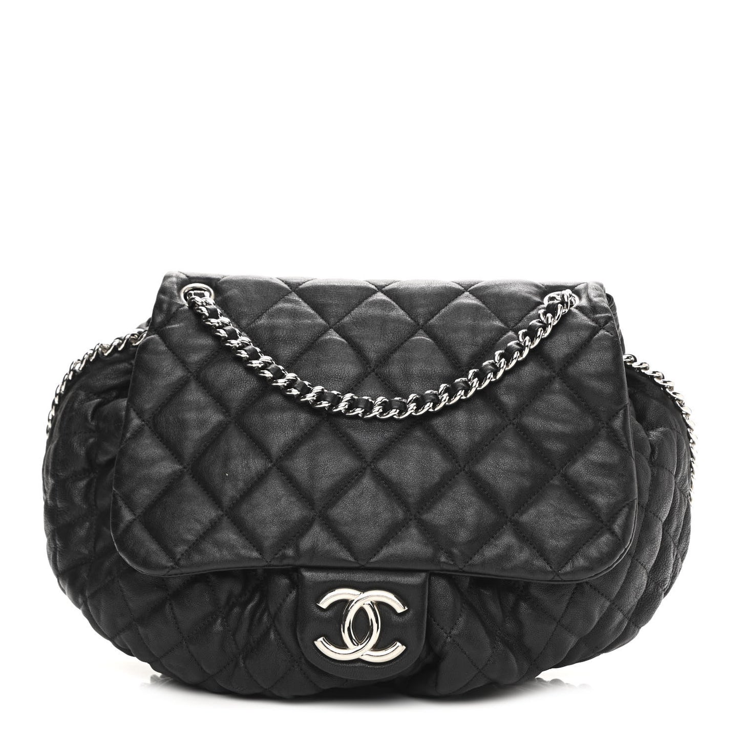 Washed Lambskin Quilted Large Chain Around Messenger Black