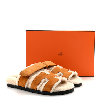 Hermes Suede Goatskin Woolskin Womens Chypre Sandals 37 Brun Fume Ecru 9 of 9