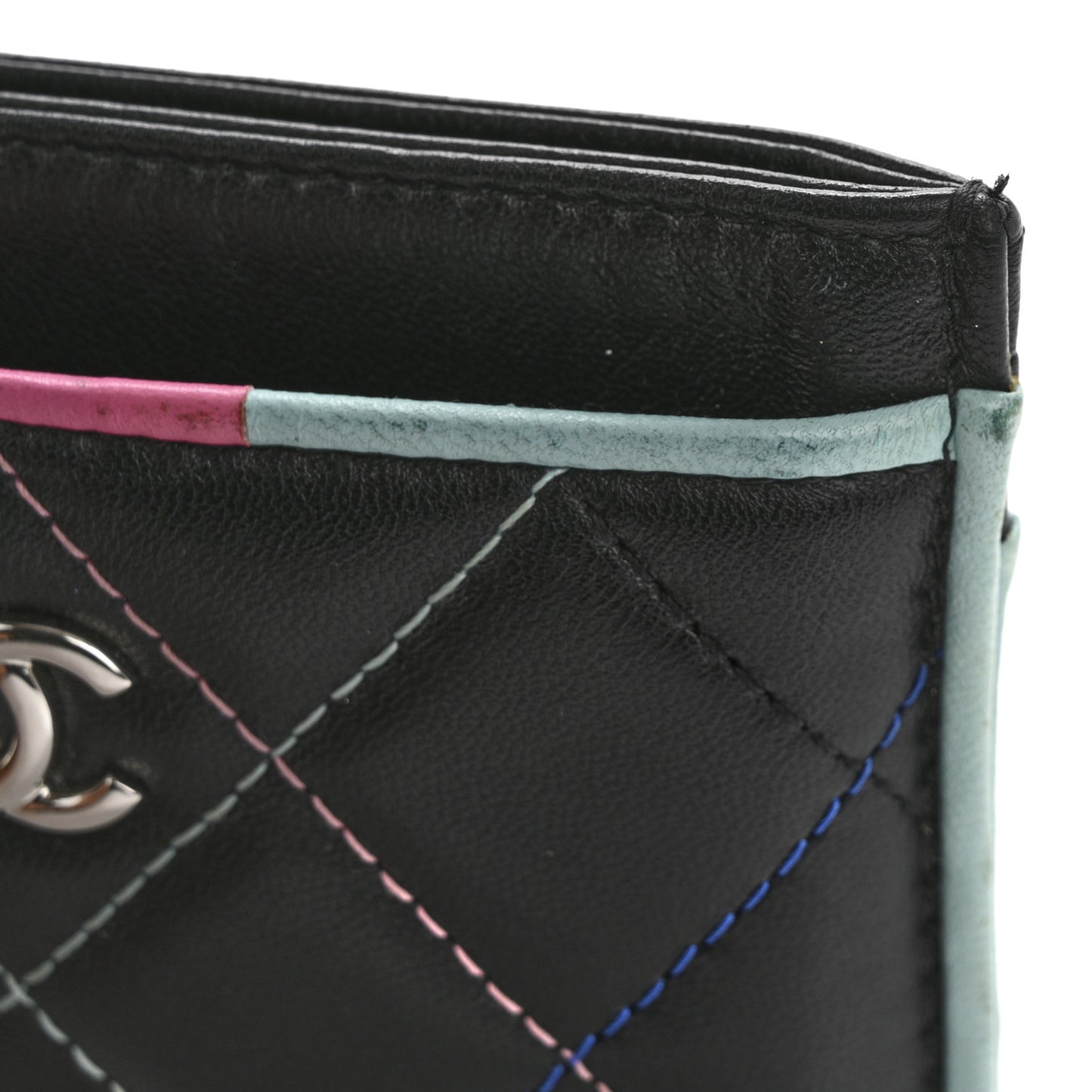 Lambskin Quilted Chanel Card Holder Black Pink Light Blue