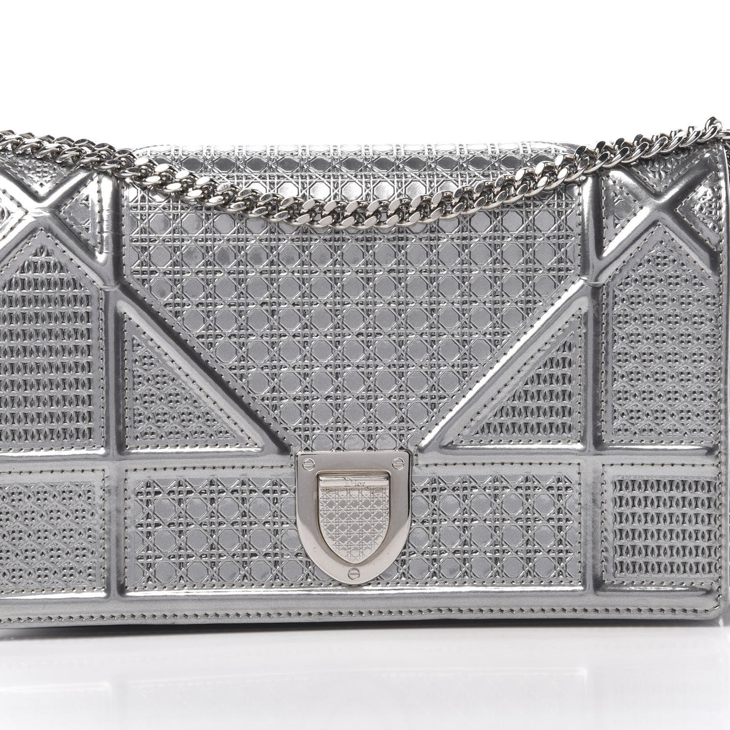 Metallic Patent Micro-Cannage Diorama Wallet on Chain Pouch Silver