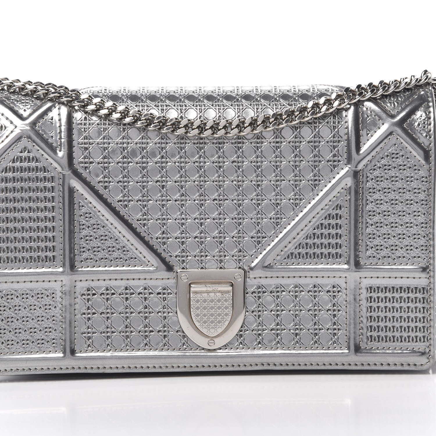 Christian Dior Metallic Patent Micro-Cannage Diorama Wallet on Chain Pouch Silver 9 of 15