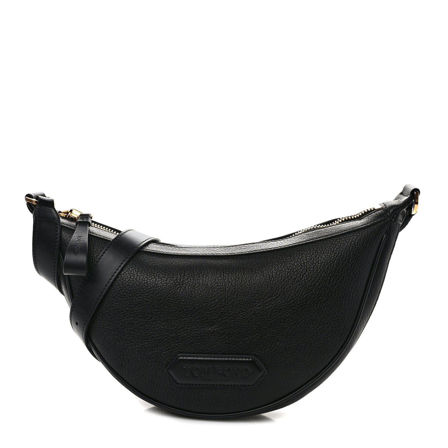 Grained Calfskin Zip Crescent Bag Black
