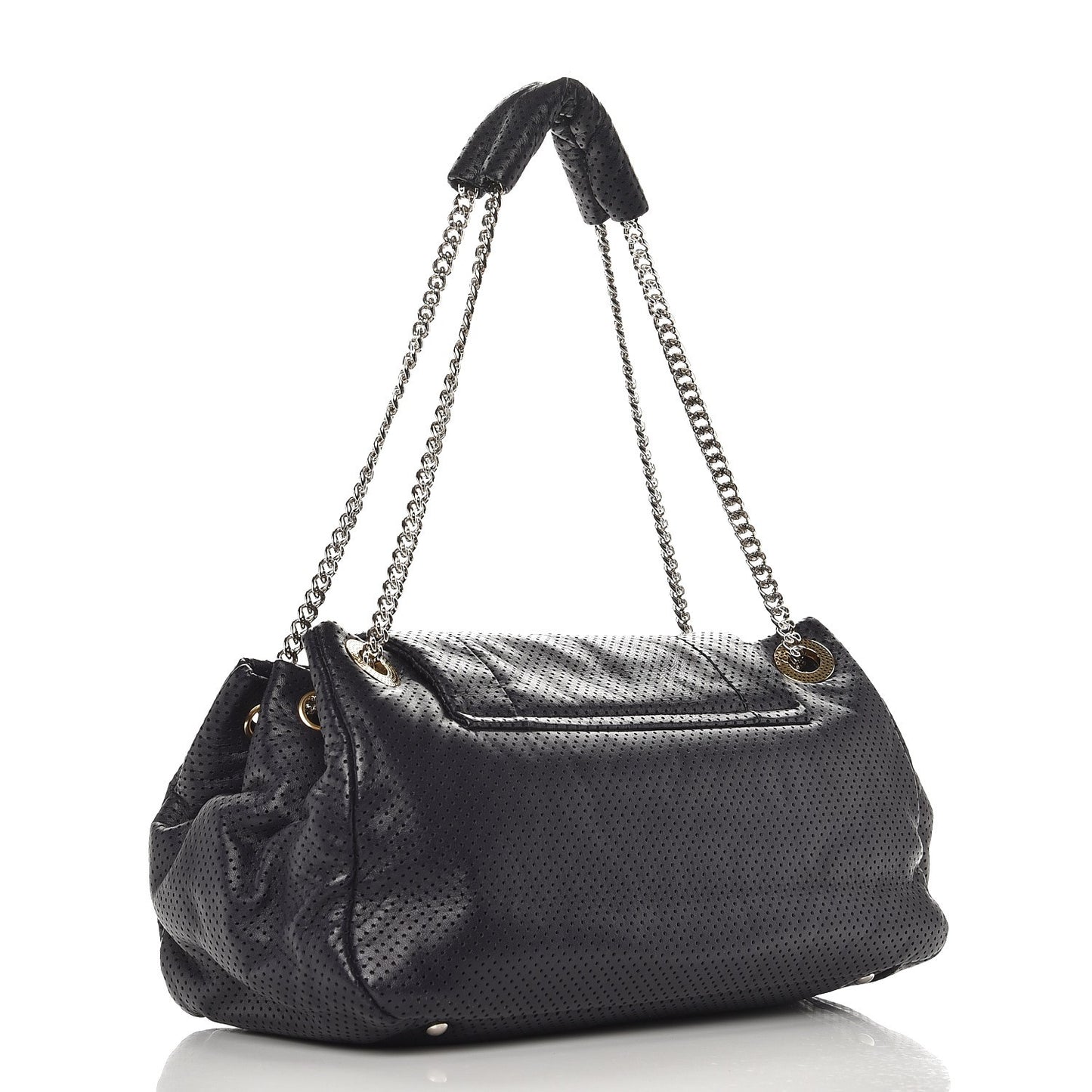 Calfskin Perforated Large Drill Accordion Flap Navy Blue