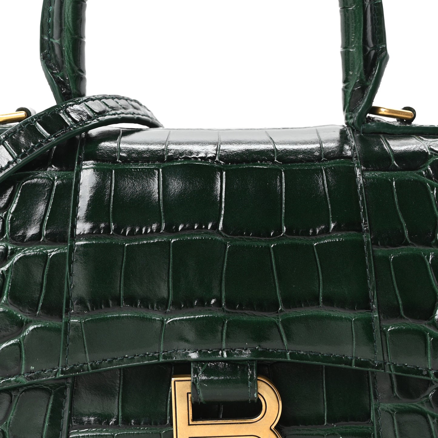 Shiny Calfskin Crocodile Embossed Hourglass Top Handle Bag XS Forest Green