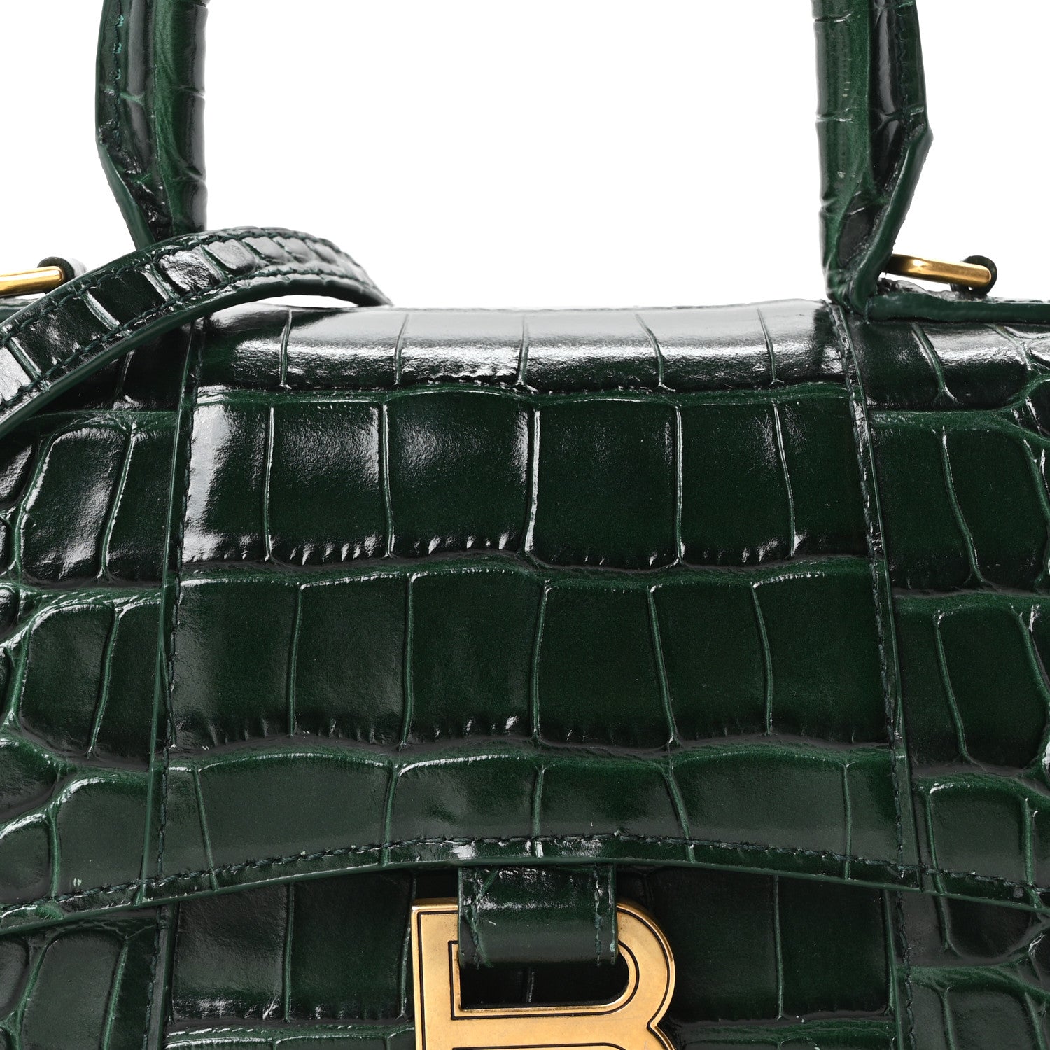 Balenciaga Shiny Calfskin Crocodile Embossed Hourglass Top Handle Bag XS Forest Green 7 of 9