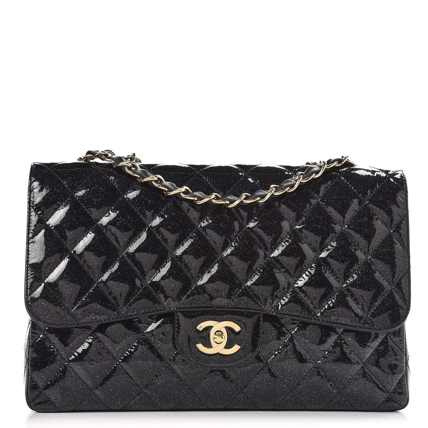 Patent Quilted Sparkle Glitter Jumbo Single Flap Black