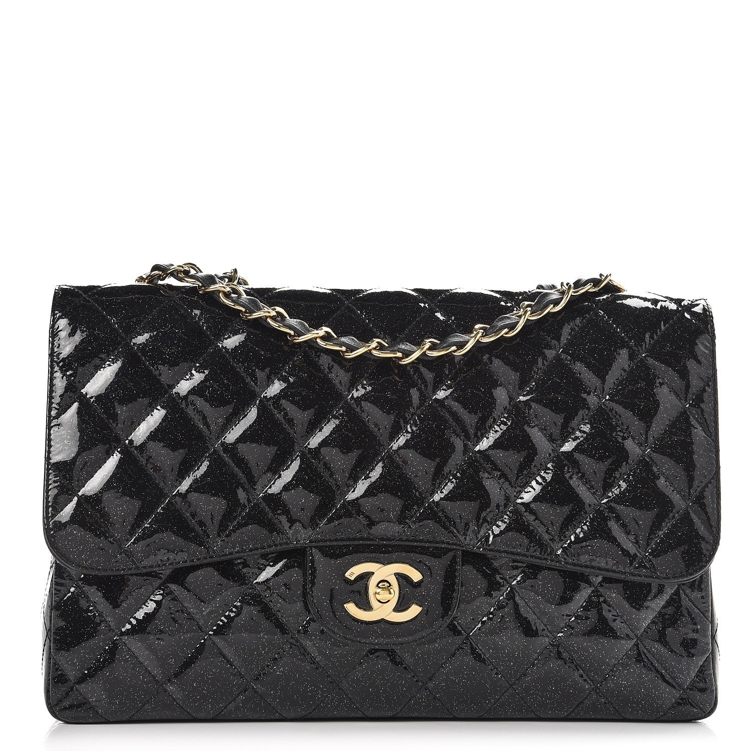 Chanel Patent Quilted Sparkle Glitter Jumbo Single Flap Black 1 of 10