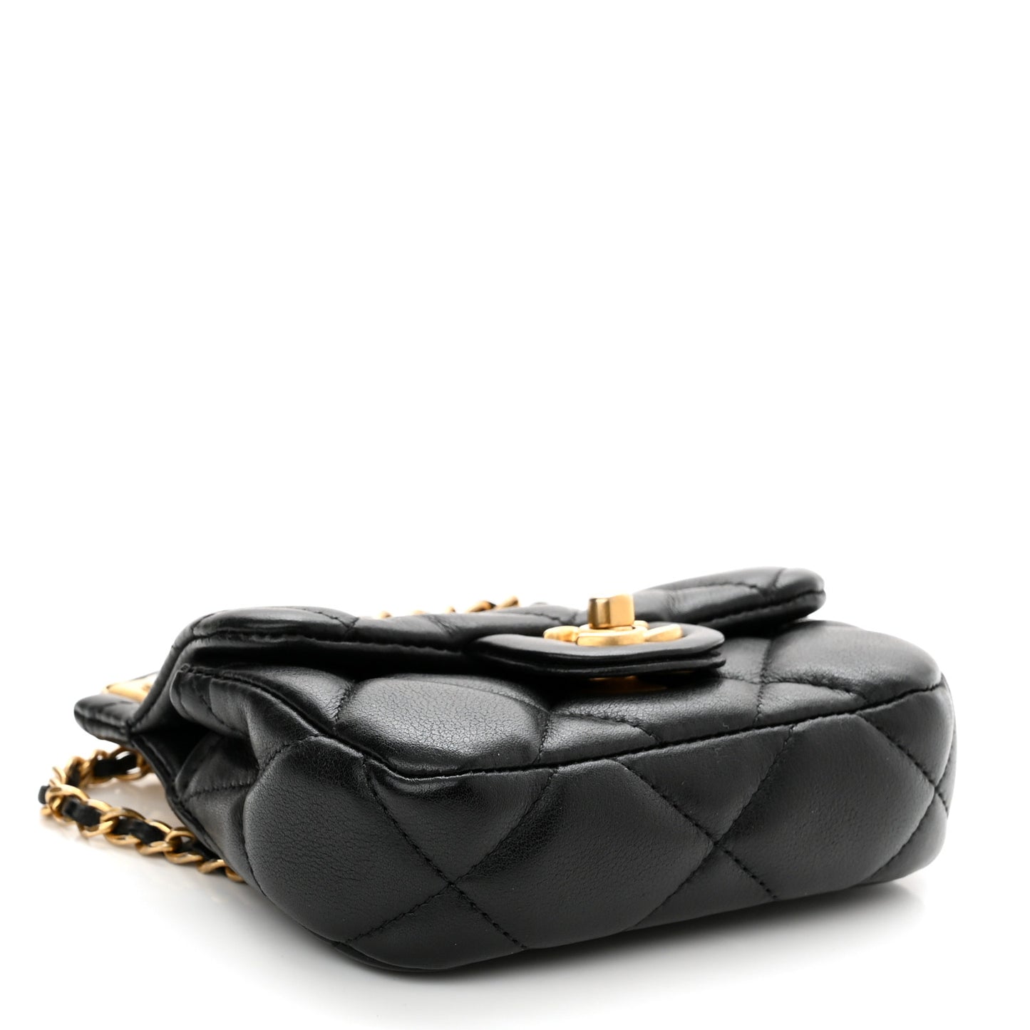 Calfskin Quilted Lady Handle Flap Card Holder With Chain Black