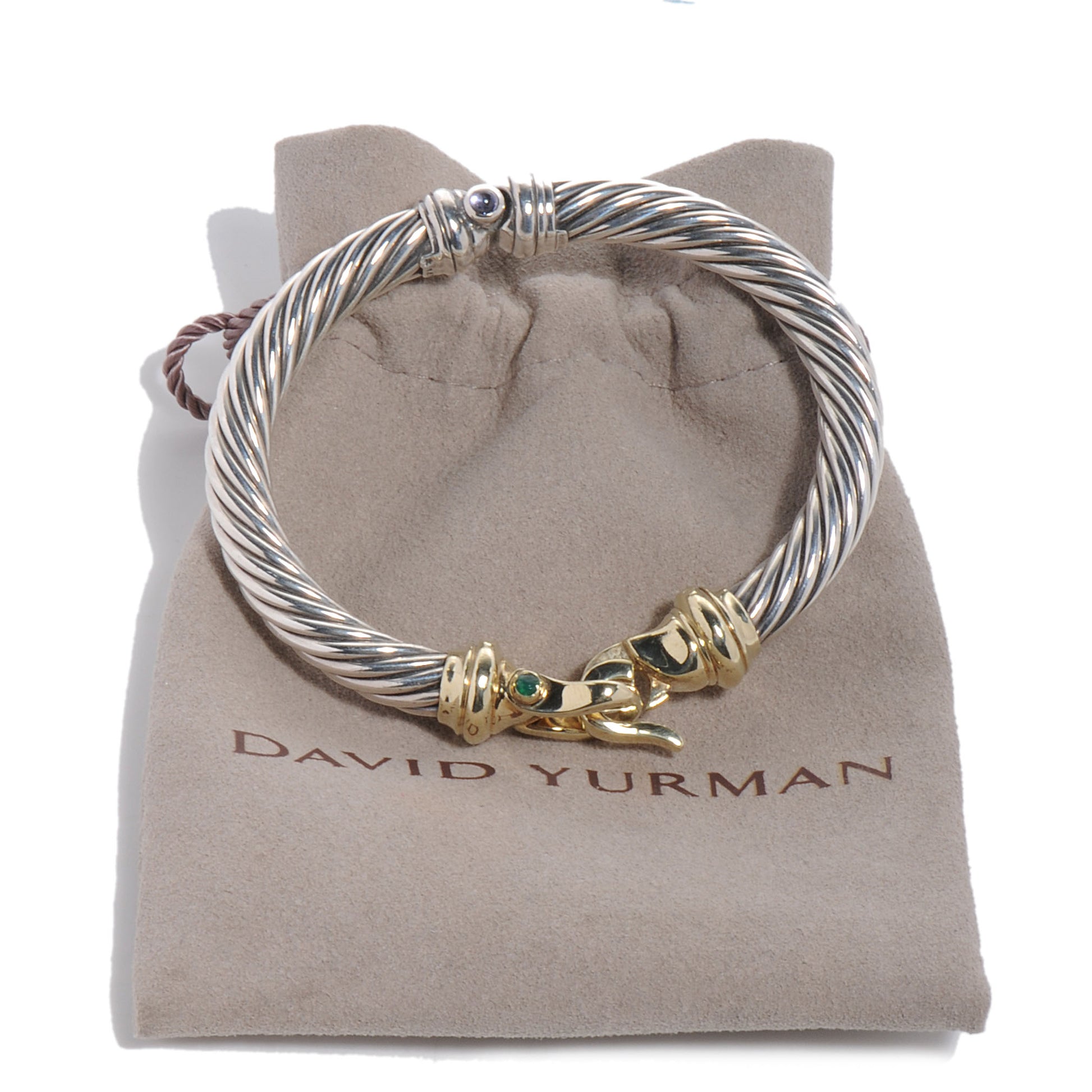 David Yurman Sterling Silver 14K Yellow Gold Green Onyx Pink Tourmaline 7mm Cable Buckle Bracelet 5 of 9