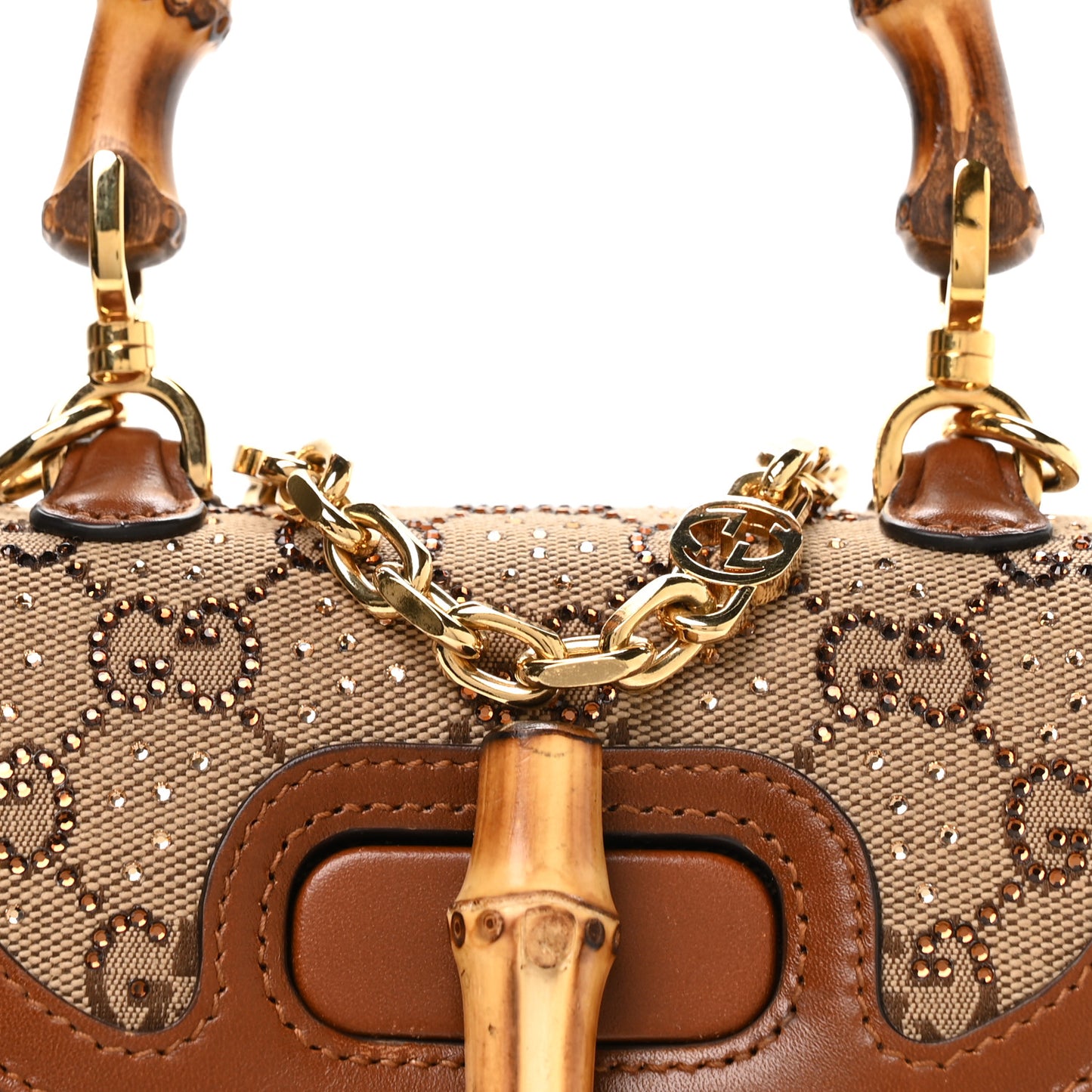 New Canvas Charisma Calfskin Crystal GG Monogram Small Bamboo 1947 Top Handle Bag Camel Ebony