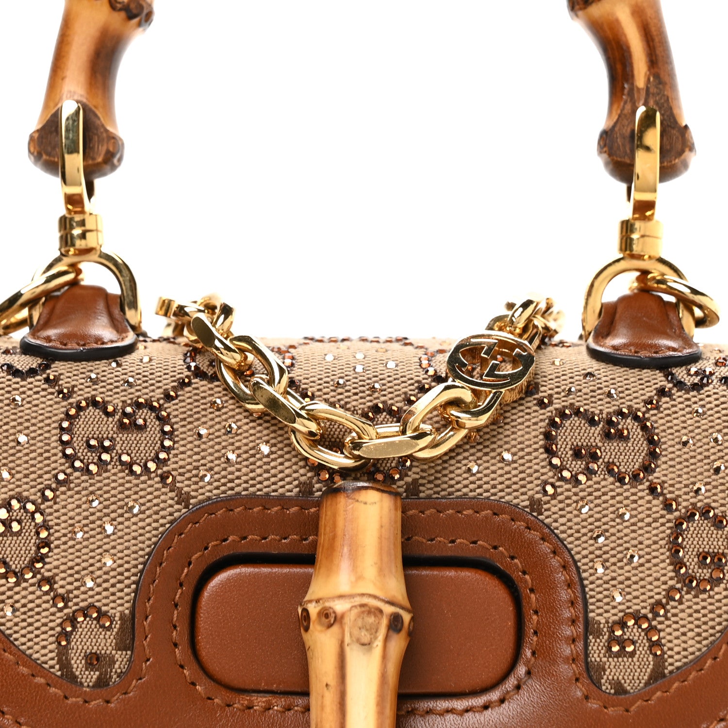 Gucci New Canvas Charisma Calfskin Crystal GG Monogram Small Bamboo 1947 Top Handle Bag Camel Ebony 8 of 11