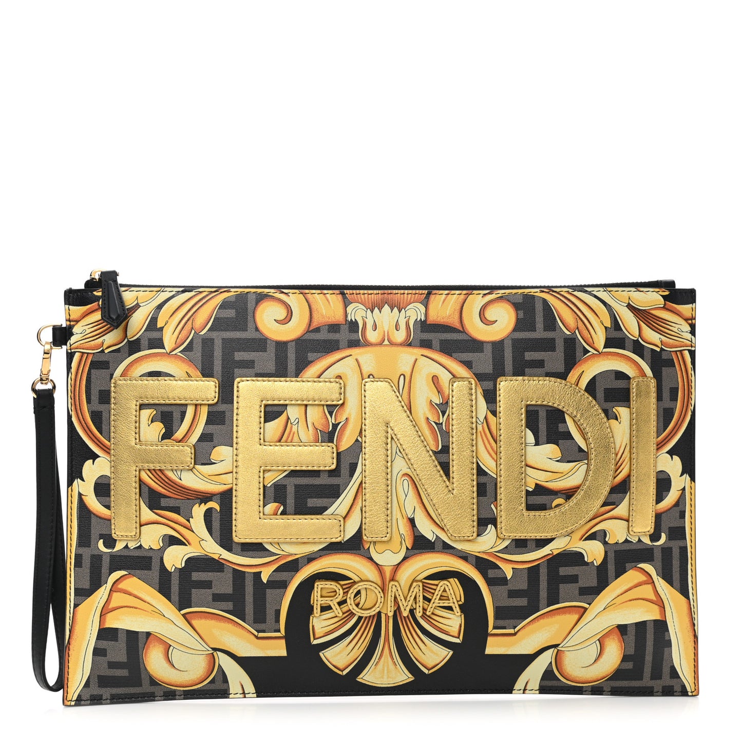 X VERSACE Vitello Grace Catalan Mirror Fendace FF Baroque Logo Large Flat Pouch Tobacco Gold