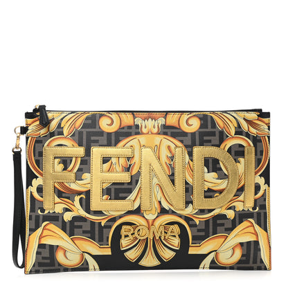 Fendi X VERSACE Vitello Grace Catalan Mirror Fendace FF Baroque Logo Large Flat Pouch Tobacco Gold 1 of 6