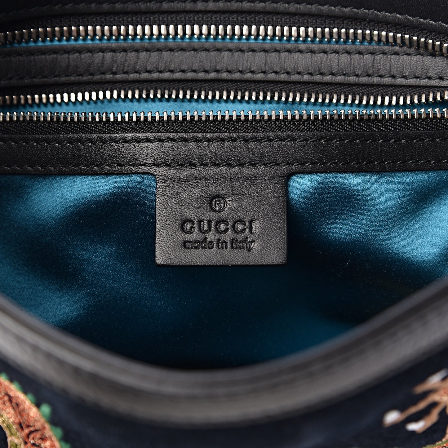 Suede Patent Dragon Embroidered Medium Dionysus Bucket Bag Dark Blue