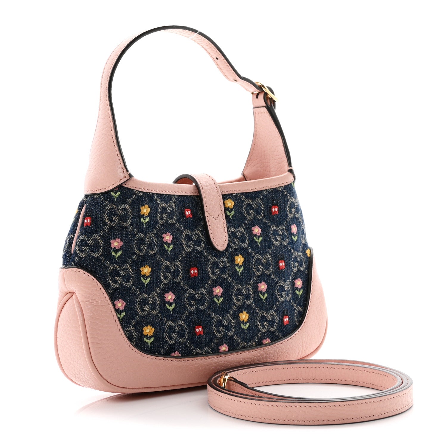 Gucci New Denim GG Monogram Calfskin Love Parade Mini Jackie 1961 Hobo Light Pink 3 of 10