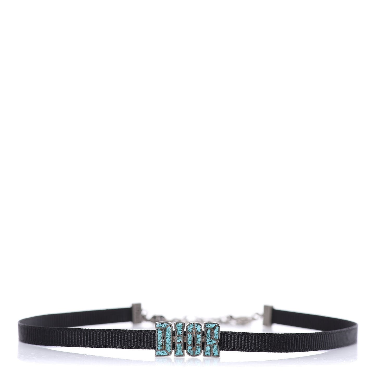 Grosgrain Ribbon Crystal Dior Logo Choker Necklace Black Turquoise