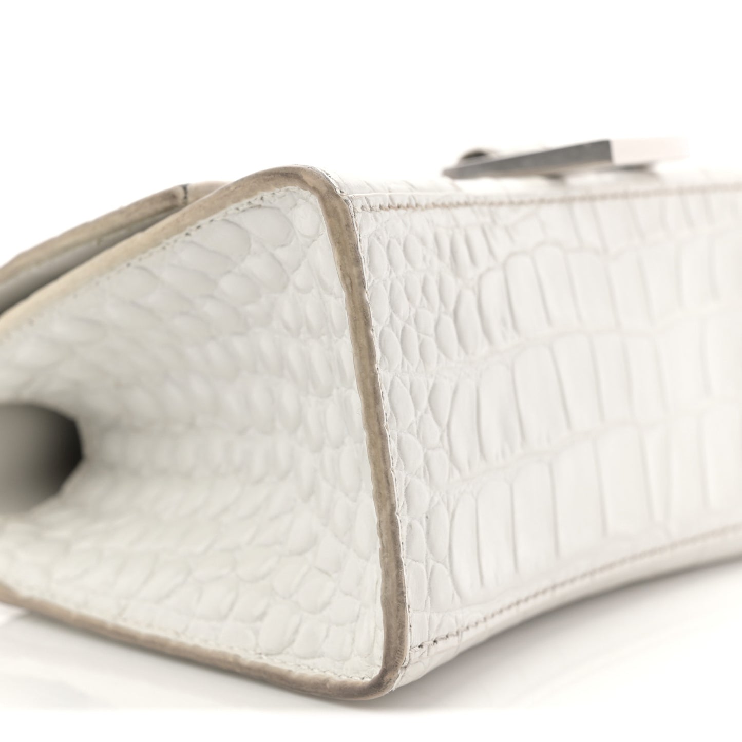 Shiny Calfskin Crocodile Embossed Hourglass Top Handle Bag XS White