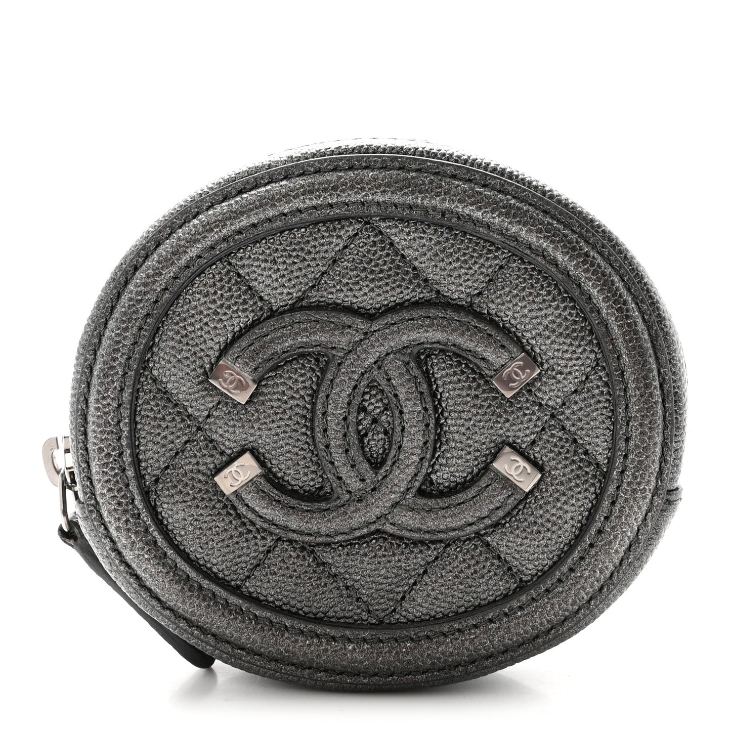 Metallic Caviar Quilted Filigree Zip Around Classic Coin Purse Dark Silver