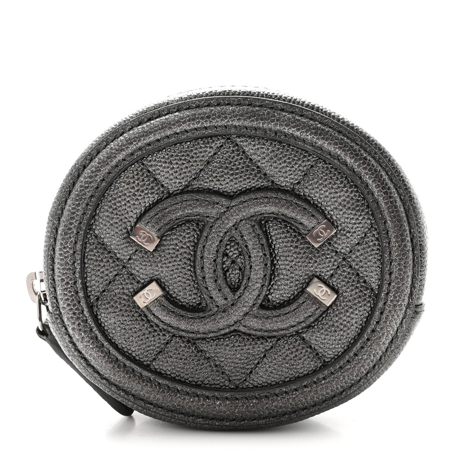 Chanel Metallic Caviar Quilted Filigree Zip Around Classic Coin Purse Dark Silver 1 of 8