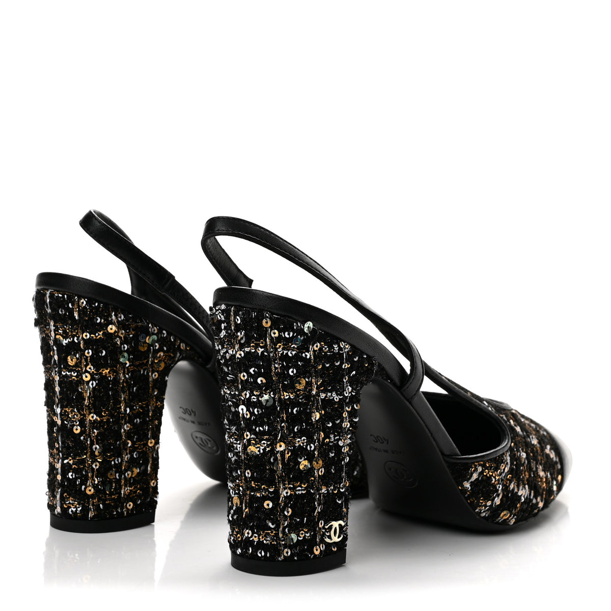 Chanel Glittered Wool Tweed Lambskin Cap Toe CC Slingback Pumps 40 Black White Gold 5 of 10