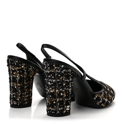 Chanel Glittered Wool Tweed Lambskin Cap Toe CC Slingback Pumps 40 Black White Gold 5 of 10