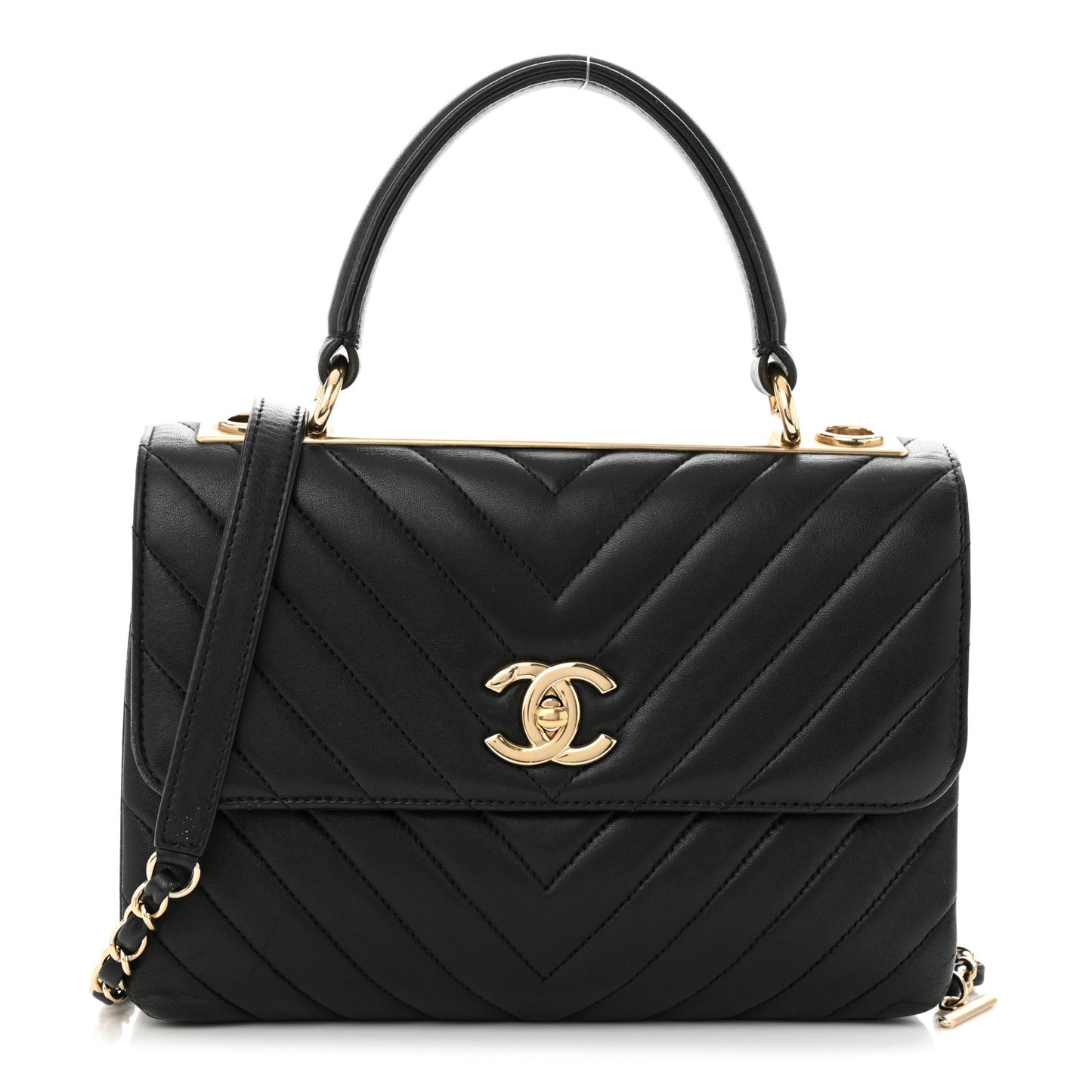 Lambskin Chevron Quilted Small Trendy CC Dual Handle Flap Bag Black