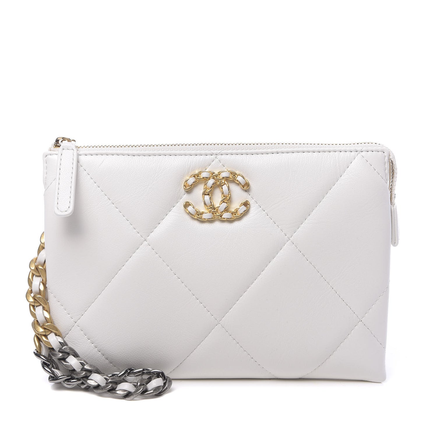 Shiny Goatskin Quilted 19 Small Pouch With Handle White