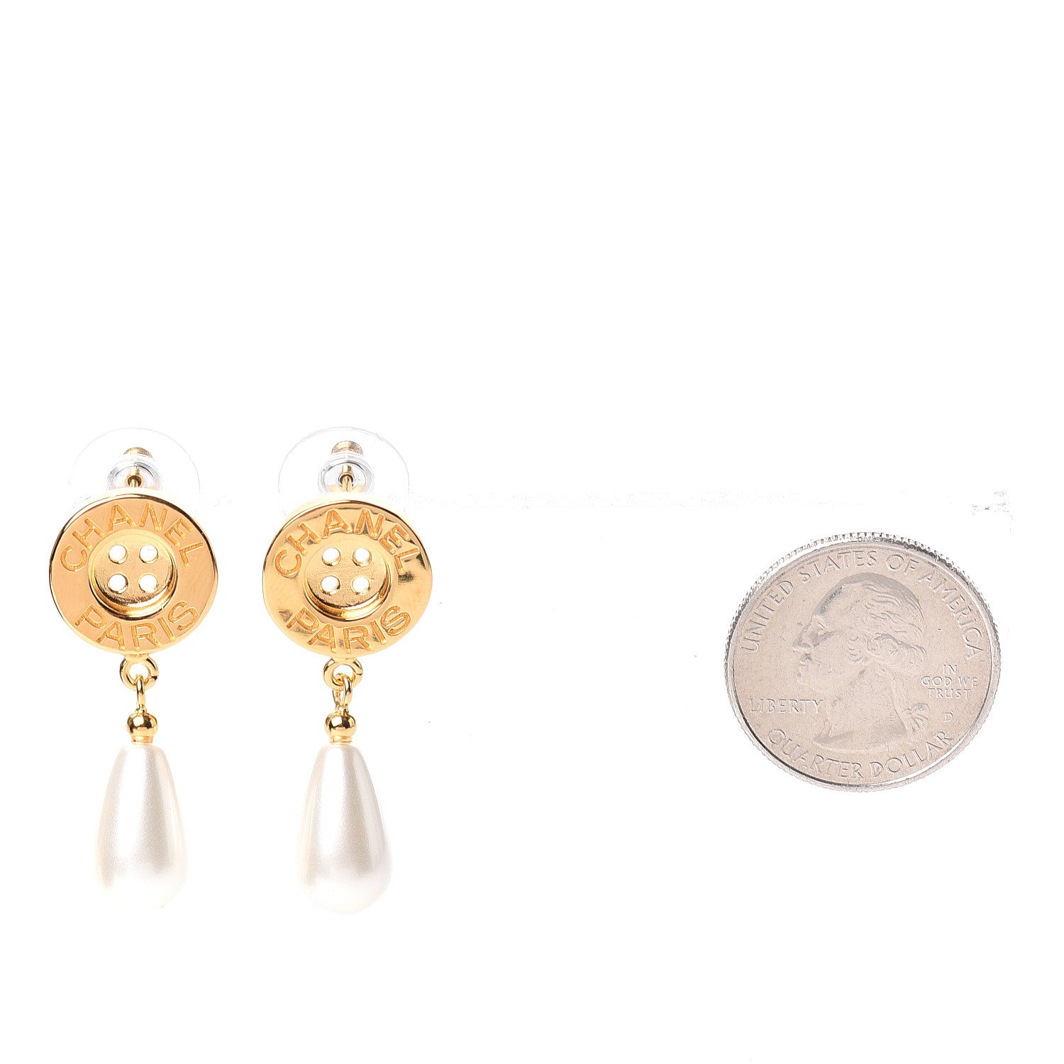 Chanel Metal Pearl Paris Button Drop Earrings Gold 2 of 5