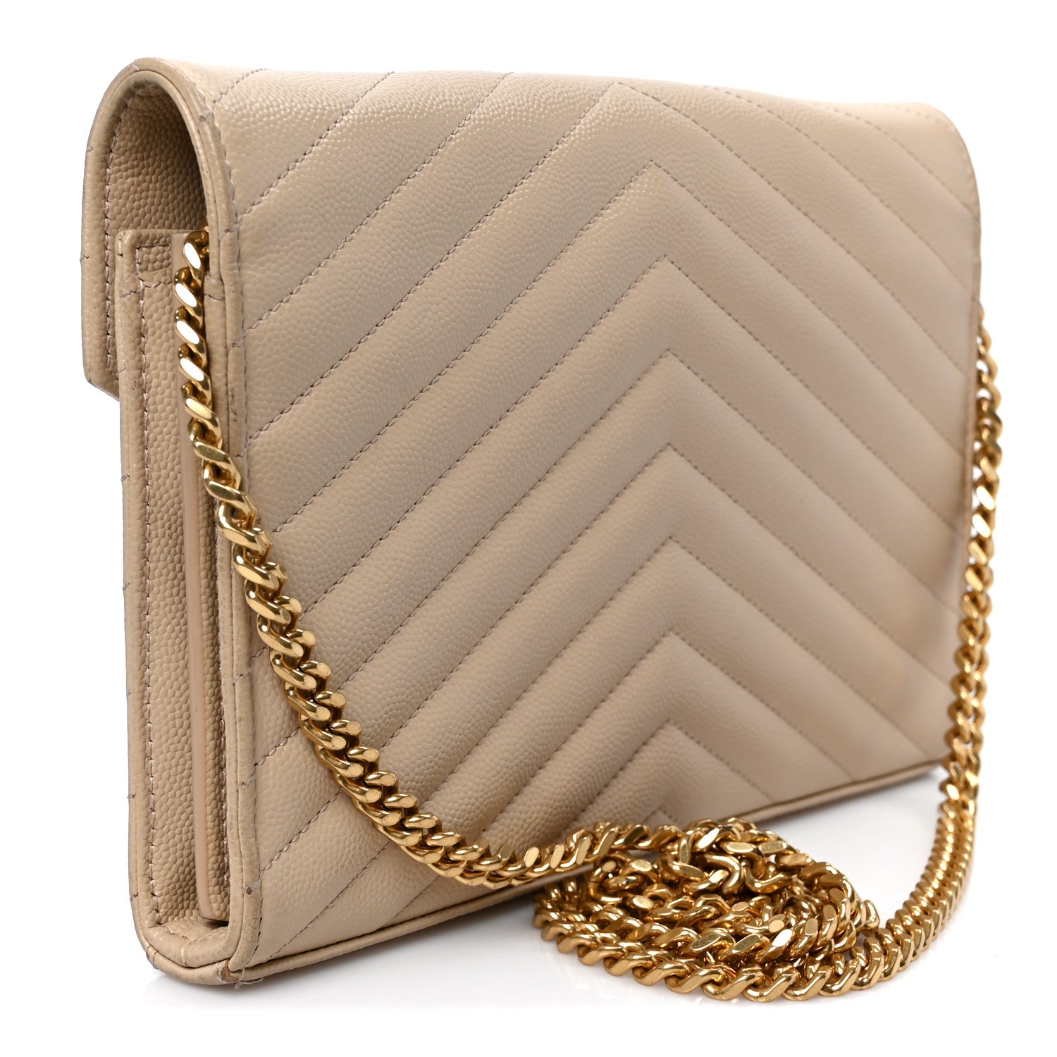 Saint Laurent Grain De Poudre Matelasse Chevron Monogram Chain Wallet Dark Beige 2 of 10