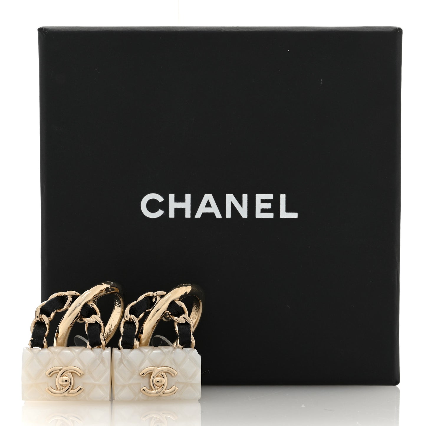 Metal Resin Calfskin Quilted CC Turnlock Chain Bag Earrings Gold Pearly White