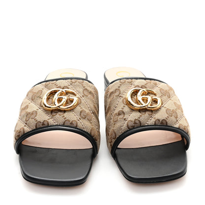 Gucci Monogram Matelasse Diagonal GG Marmont Flat Slide Sandals 40 Beige Ebony Black 3 of 10