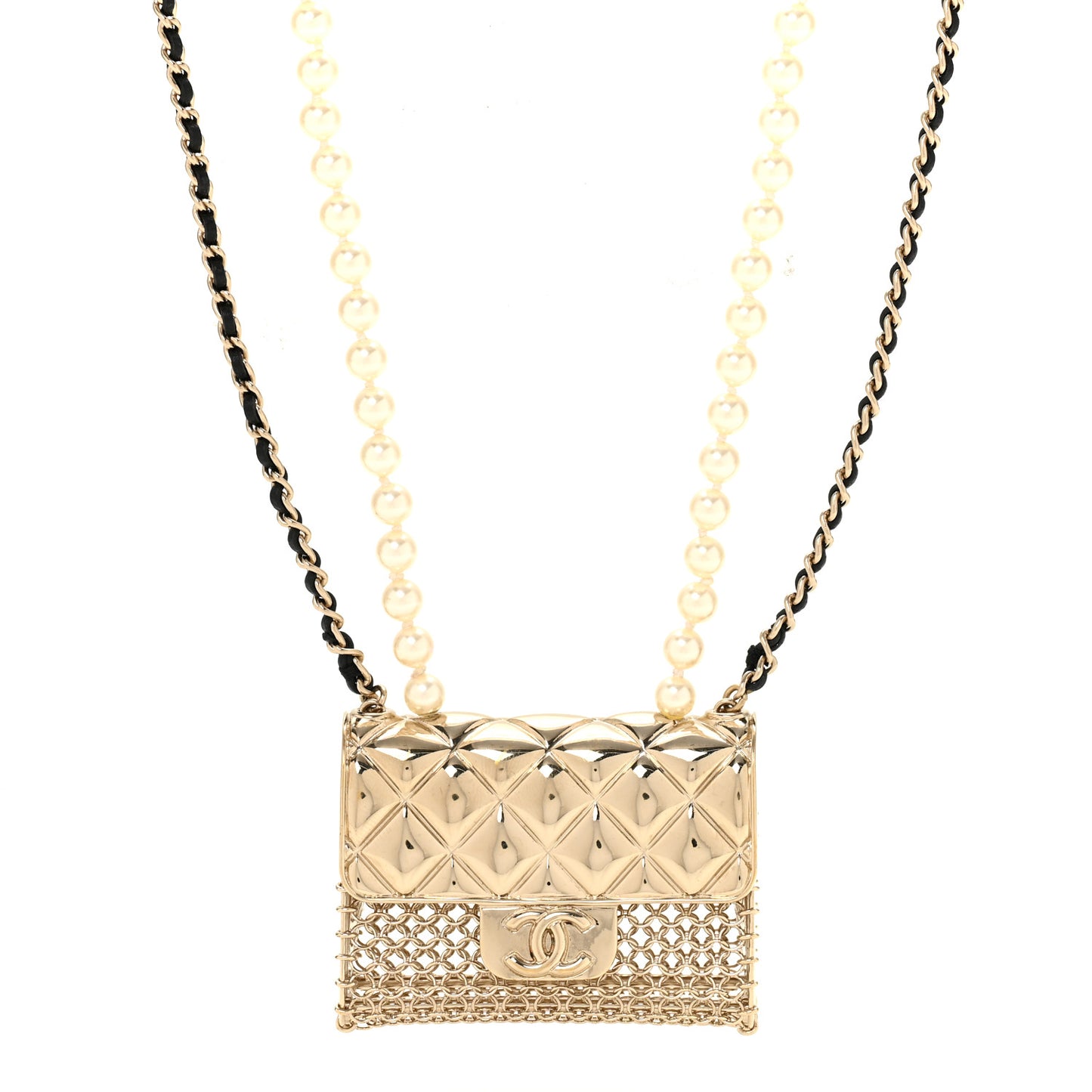 Metal Lambskin Pearl Chain Flap Bag Long Necklace Gold Black Pearly White