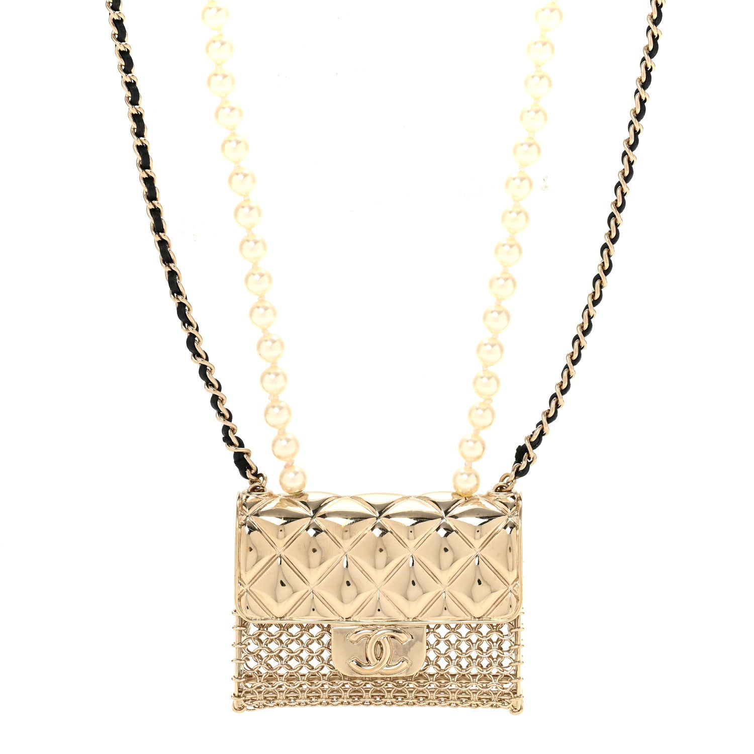 Chanel Metal Lambskin Pearl Chain Flap Bag Long Necklace Gold Black Pearly White 4 of 5