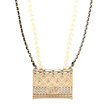 Chanel Metal Lambskin Pearl Chain Flap Bag Long Necklace Gold Black Pearly White 4 of 5