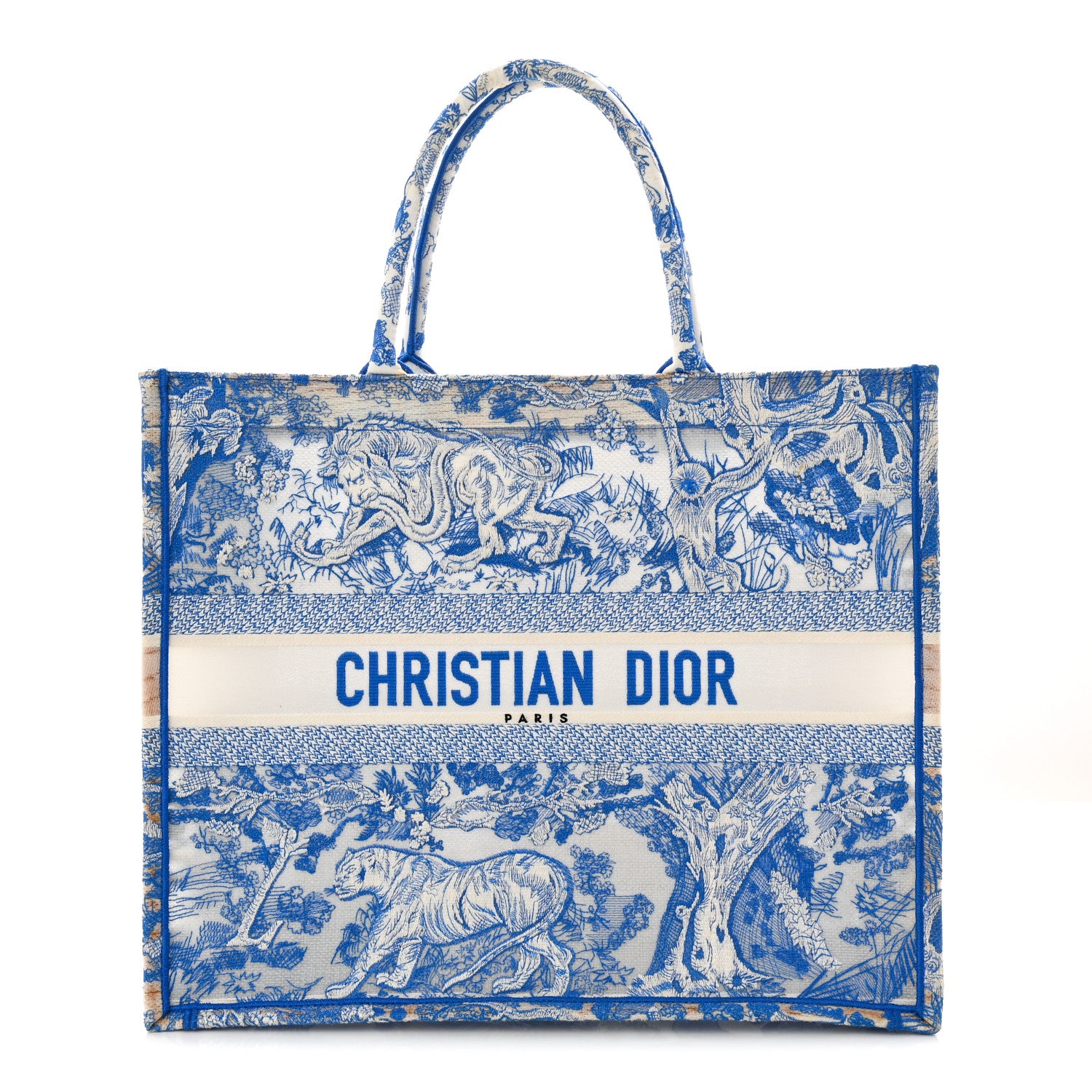 Christian Dior Transparent Canvas Embroidered Large Toile De Jouy Reverse Book Tote Fluorescent Blue 1 of 13