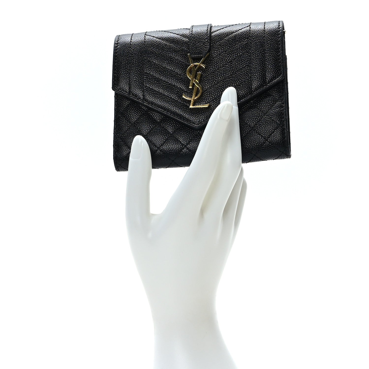 Saint Laurent Grain De Poudre Mixed Matelasse Triquilt Monogram Compact Tri Fold Wallet Black 3 of 14