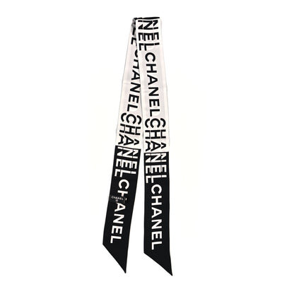 Chanel Silk Logo Slim Bandeau Scarf Black White 2 of 3