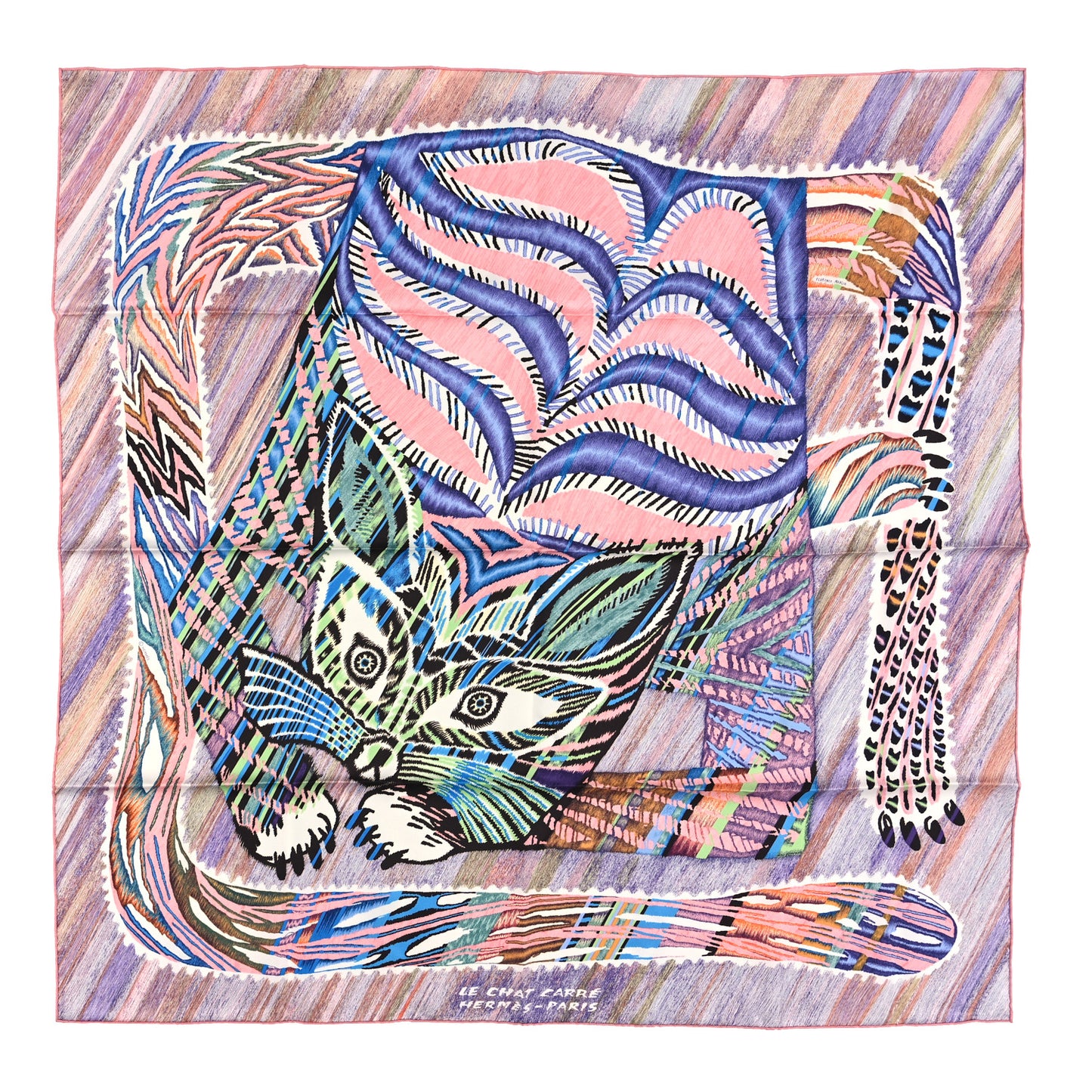 Silk Le Chat Carre Scarf 90 Rose Mauve Multicolor